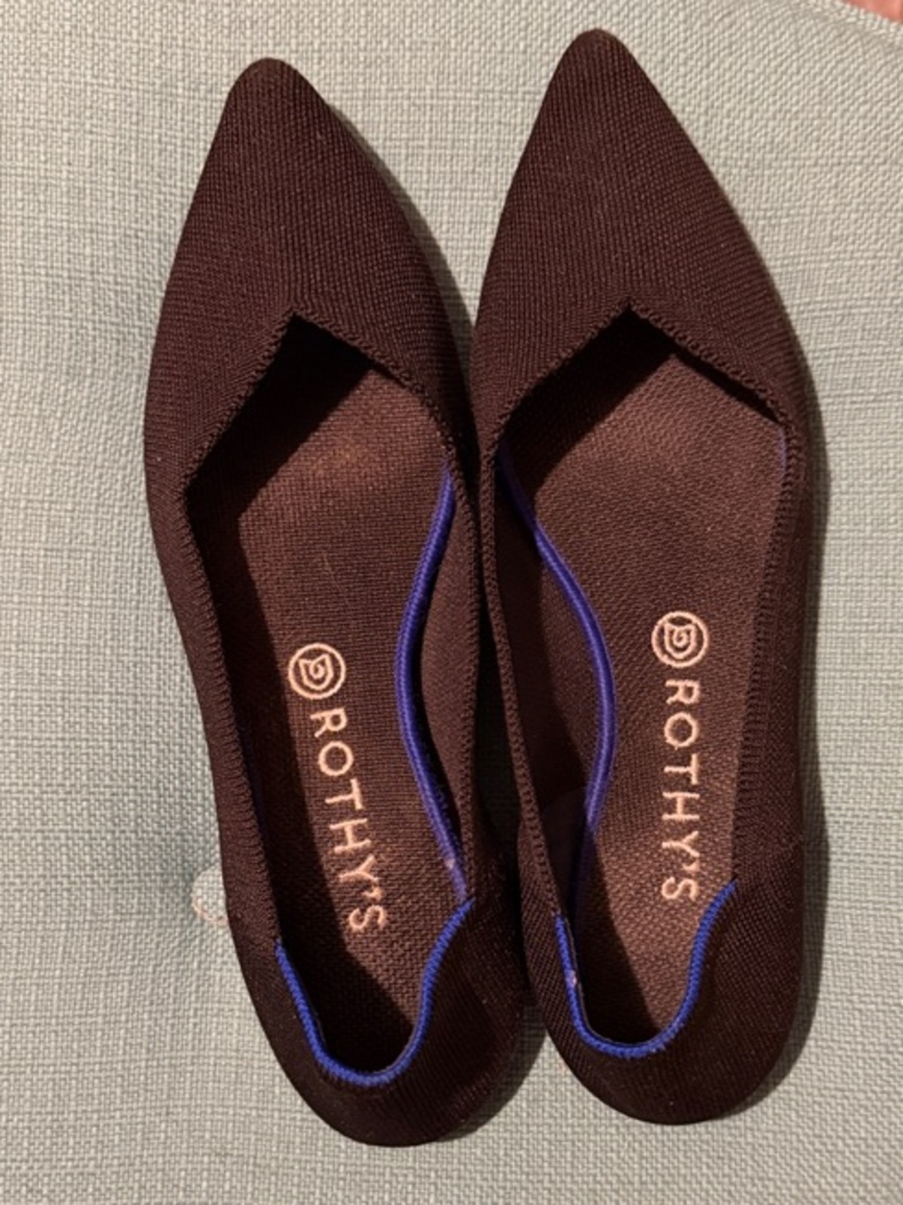 Rothy's Pointed-Toe Black Flats with Blue Trim - size 10.5